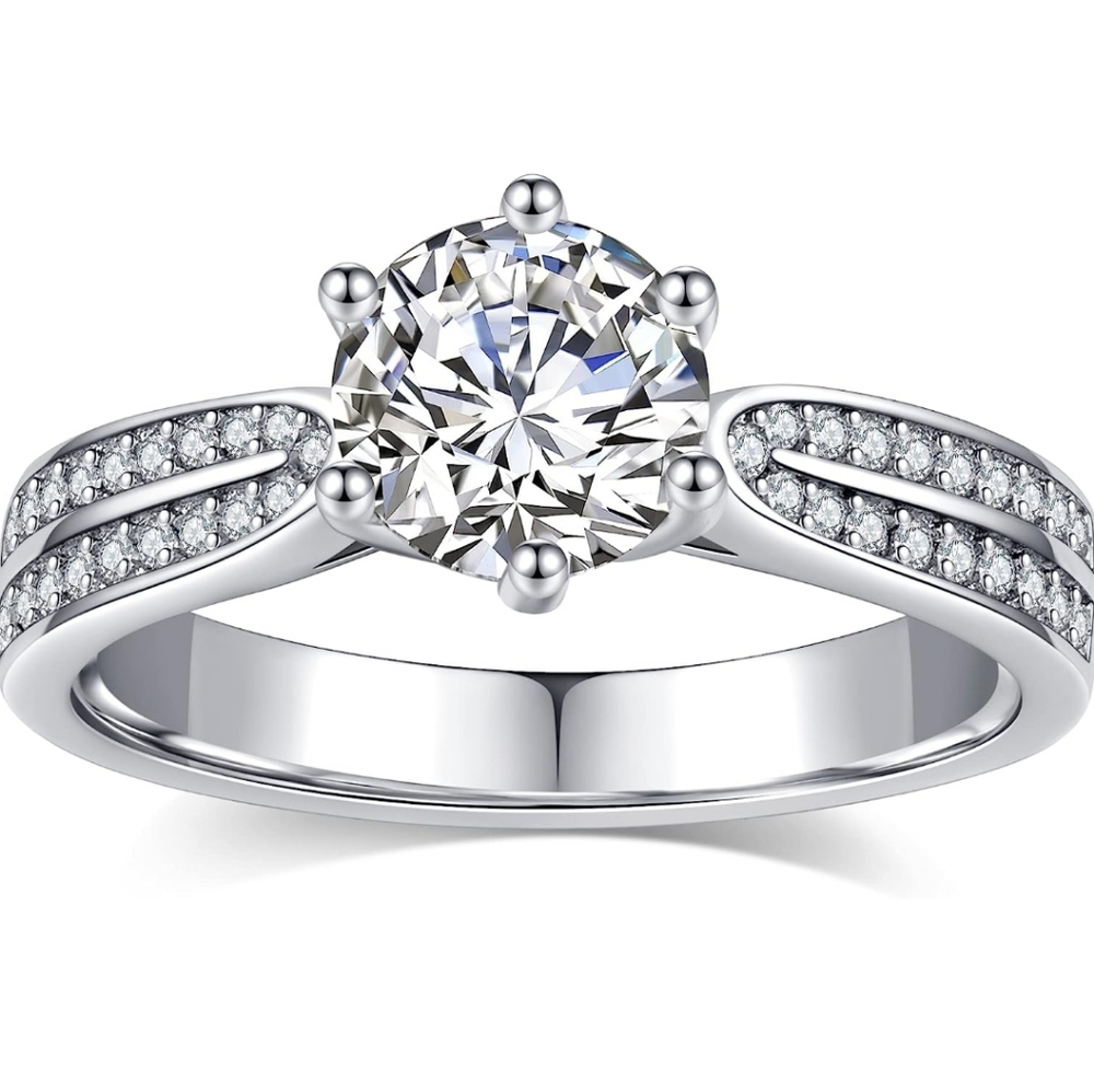 1ct Round Moissanite Ring S925 Sterling Silver with 14K White Gold Plated Halo